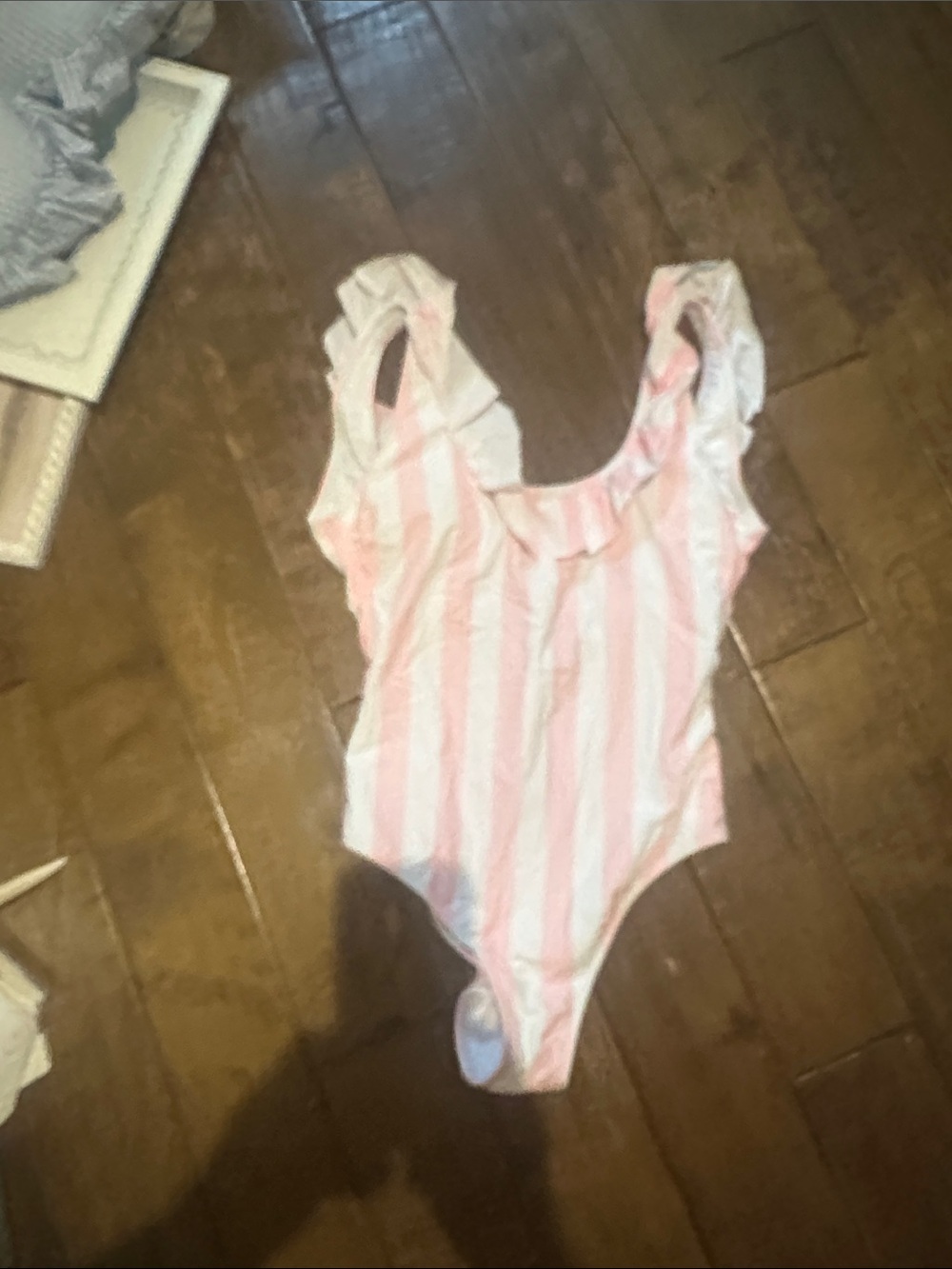 Striped Pink & White Ruffle One-Piece Swim Bodysuit
